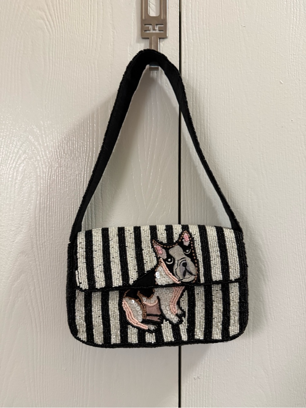 Black & White Striped Beaded Shoulder Bag with Dog Motif